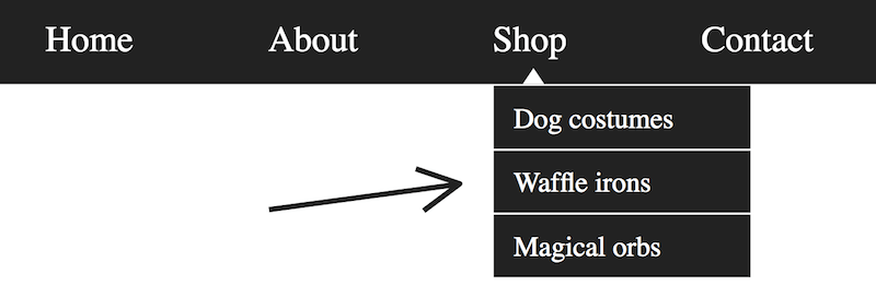 Une barre de navigation avec un lien vers une boutique, sous lequel se trouve un ensemble de trois autres liens vers des costumes de chiens, des gaufriers et des orbes magiques respectivement.