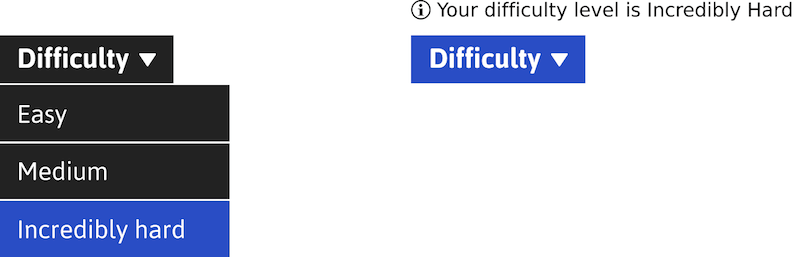 Lorsqu'un utilisateur choisit une option, le menu se ferme et le focus est renvoyé sur le bouton de menu. Il est important que les utilisateurs soient ramenés à l'élément déclencheur après la fermeture du menu.