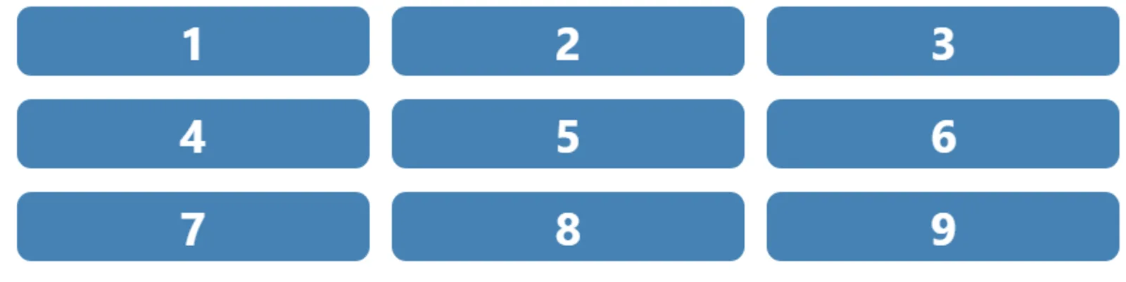 9 boutons bleus sur 3 colonnes, dans l'ordre numérique 1, 2, 3, puis ligne suivante 4, 5, 6, puis ligne suivante 7, 8, 9.